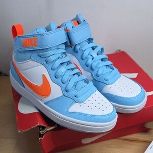 Nike Kids' Sky Blue and Orange High-Top Sneakers size Y4